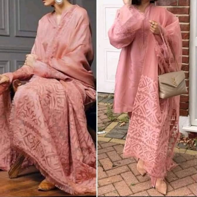 Handcrafted Applik Unstitched Bareeze Lawn Cotton 3-Piece Suit with Organza Dupatta Unstitched Aura Crafted Studio