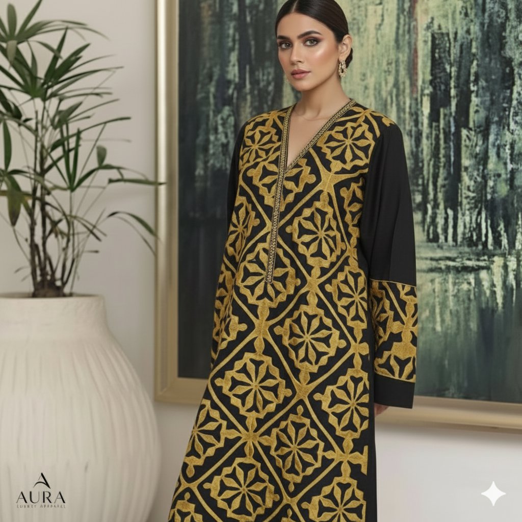 Heritage Collection Handcrafted Exclusive Black with Yellow Applik Unstitched Premium Imperial Cotton Shirt. Unstitched Aura Crafted Studio