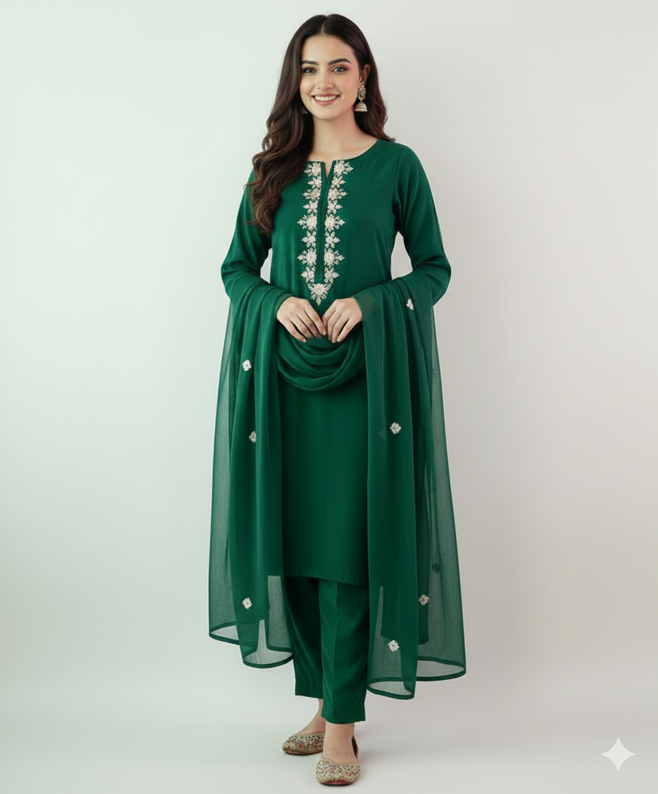Handcrafted Mirror Embroidered Unstitched Imperial Cotton shirt with chiffon Dupatta 2-Piece (Shirt/Dupatta).