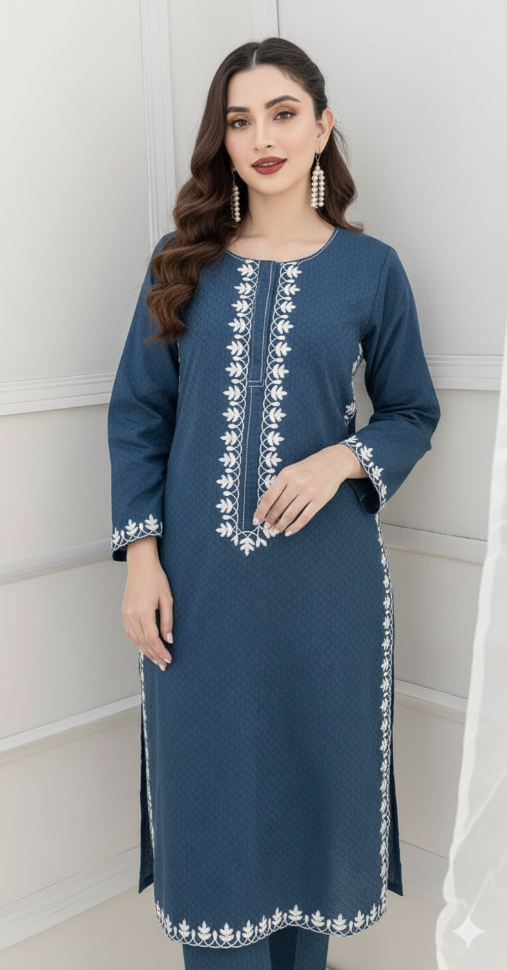 Handmade Wearable Art embroidered unstitched Cotton 2-Piece (Shirt/Trouser).