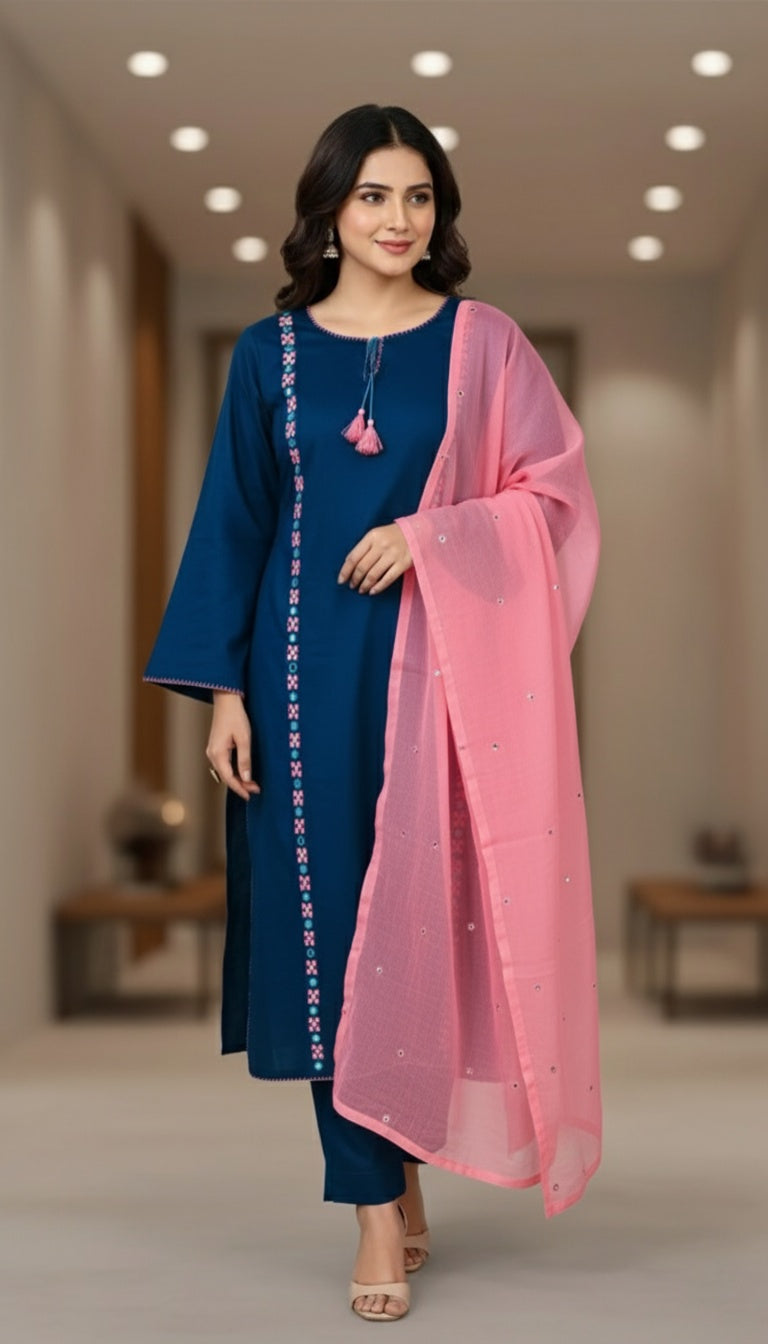 Heritage Collection Wearable Art Mirror embroidered unstitched Premium Cotton Suit with chiffon dupatta.