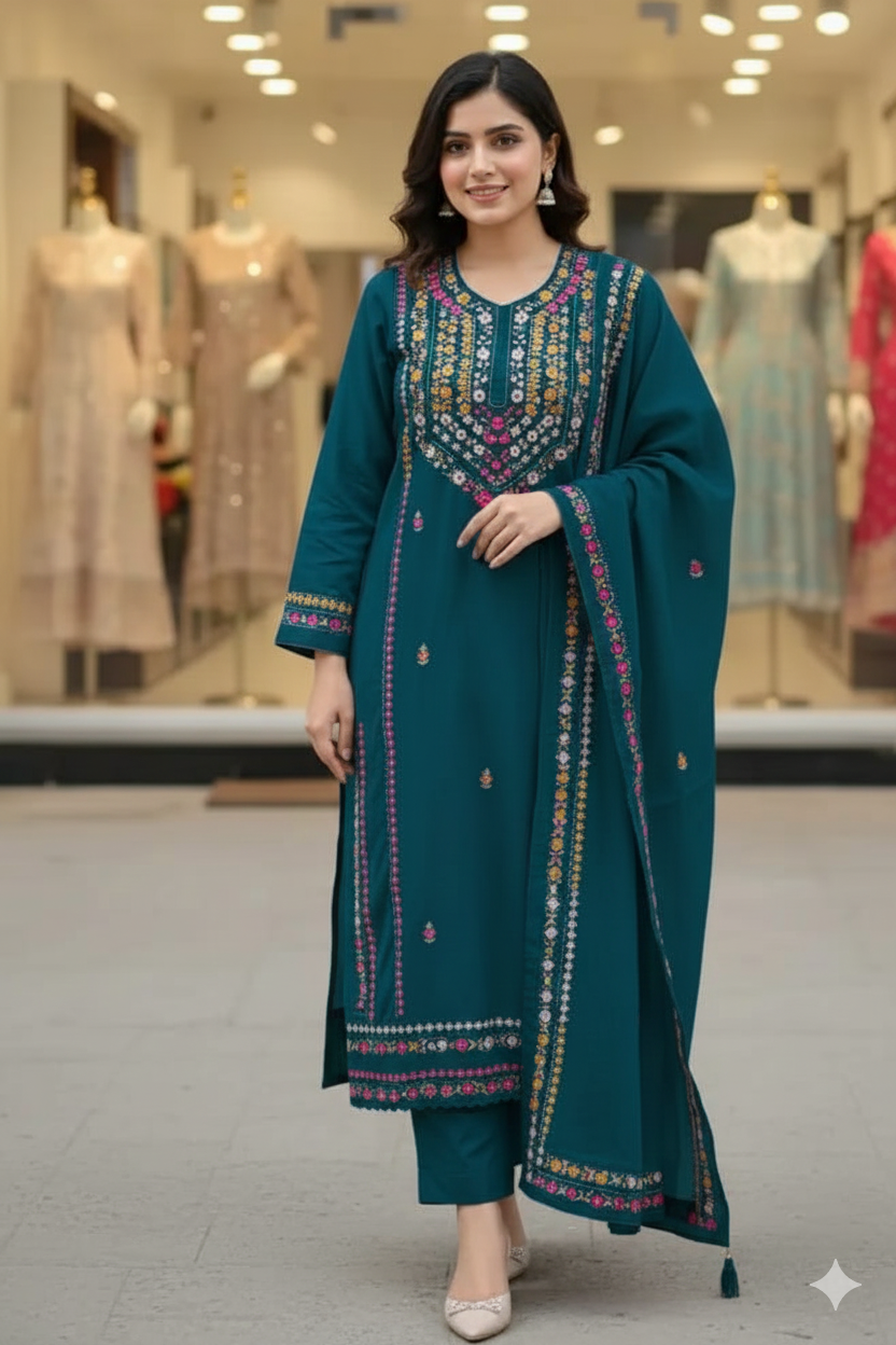 Handcrafted Embroidered Unstitched Premium Imperial Cotton 3-Piece Suit.