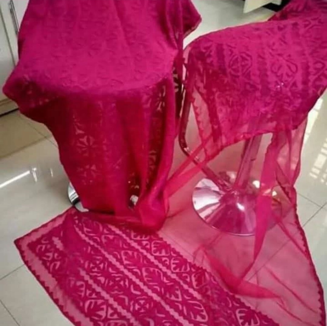 Signature Handmade Shocking Pink Applic Bareeze lawn Cotton 3-Piece Unstitched Suit with Organza Dupatta Unstitched Aura Crafted Studio