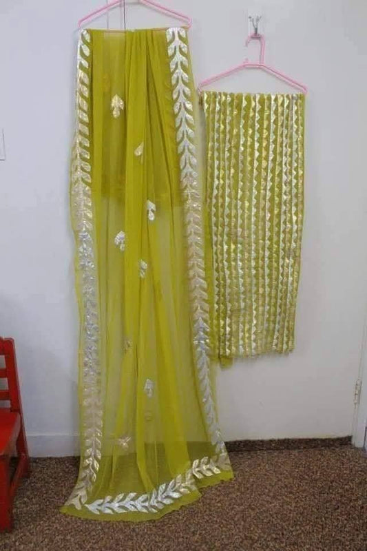 Handcrafted Applik Unstitched Chiffon 3 Piece Suit with lawn cotton Trouser. Unstitched Aura Crafted Studio 