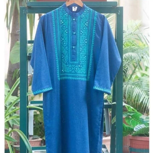 Handcrafted Blue Embroidered Unstitched Bareeze Lawn Cotton Shirt Piece Unstitched Aura Crafted Studio 