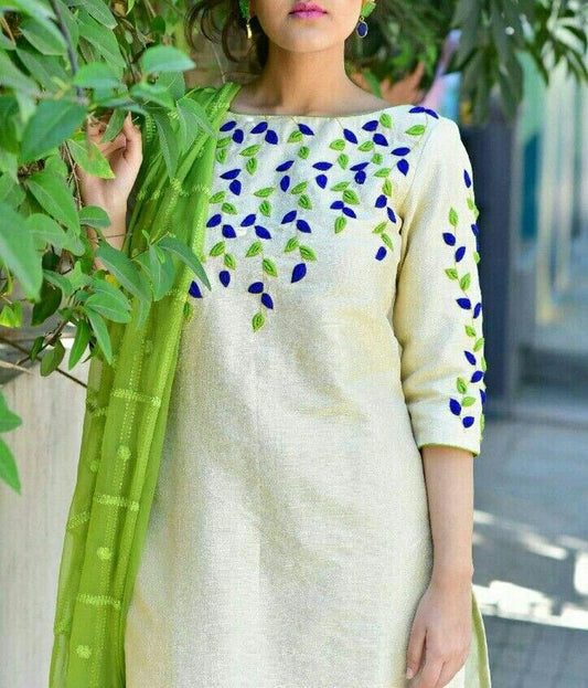 Handmade Wearable Art Applik Unstitched Lawn Cotton 2-Piece (Shirt/Trouser). Unstitched Aura Crafted Studio 