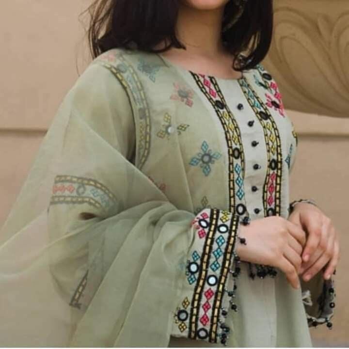 Handmade Wearable Art Mirror embroidered unstitched Cotton 2-Piece (Shirt/Trouser). Unstitched Aura Crafted Studio 