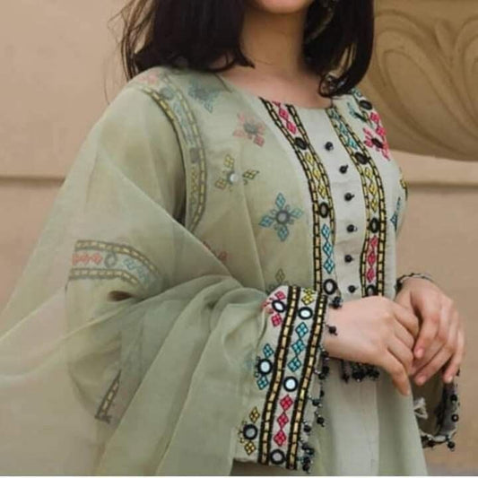 Handmade Wearable Art Mirror embroidered unstitched Cotton 2-Piece (Shirt/Trouser). Unstitched Aura Crafted Studio 