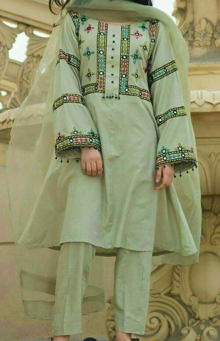 Handmade Wearable Art Mirror embroidered unstitched Cotton 2-Piece (Shirt/Trouser). Unstitched Aura Crafted Studio 