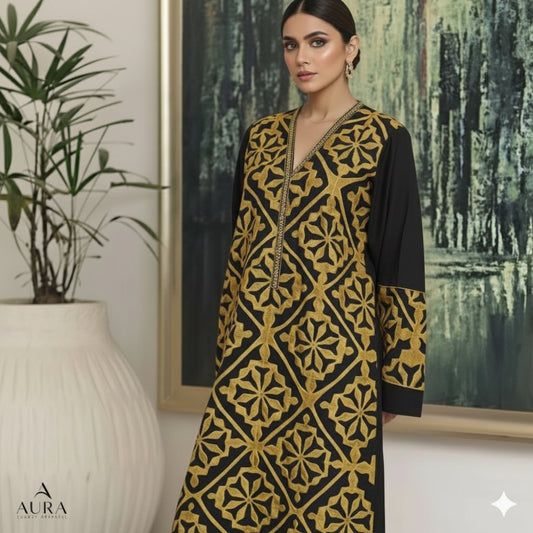 Heritage Collection Handcrafted Exclusive Black with Yellow Applik Unstitched Premium Imperial Cotton Shirt. Unstitched Aura Crafted Studio 