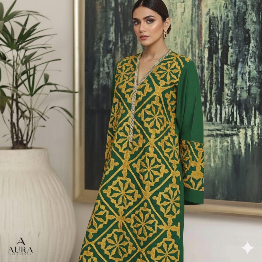 Heritage Collection Handcrafted Exclusive Green with Yellow Applik Unstitched Premium Imperial Cotton Shirt Piece Unstitched Aura Crafted Studio 