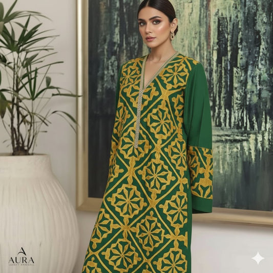 Heritage Collection Handcrafted Exclusive Green with Yellow Applik Unstitched Premium Imperial Cotton Shirt Piece Unstitched Aura Crafted Studio 