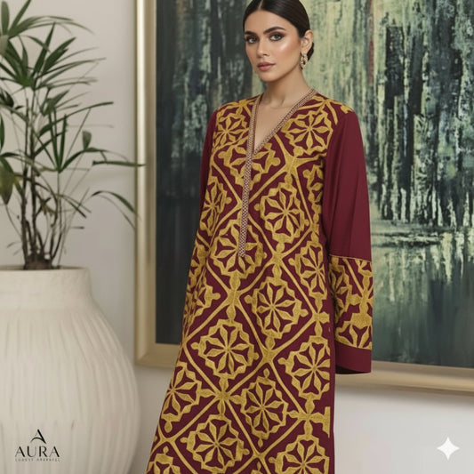 Heritage Collection Handcrafted Exclusive Red with yellow Applik Unstitched Imperial Cotton Shirt Piece. Unstitched Aura Crafted Studio 