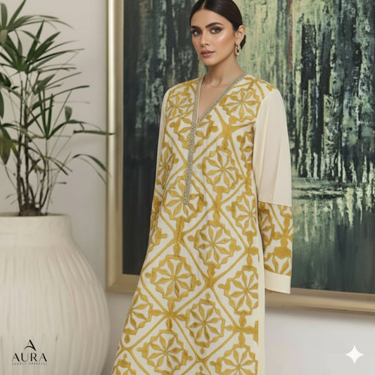 Heritage Collection Handcrafted Exclusive white with Yellow Applik Unstitched Premium Imperial Cotton Shirt piece. Unstitched Aura Crafted Studio 