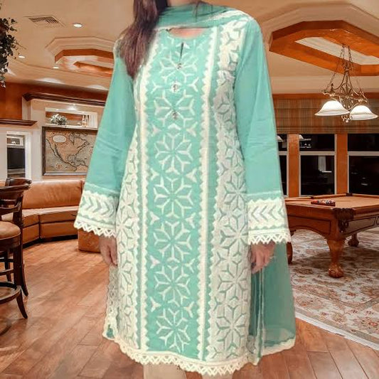 Intricate Applik Unstitched Bareeze Lawn Cotton 3-Piece Suit & Chiffon Dupatta Unstitched Aura Crafted Studio 