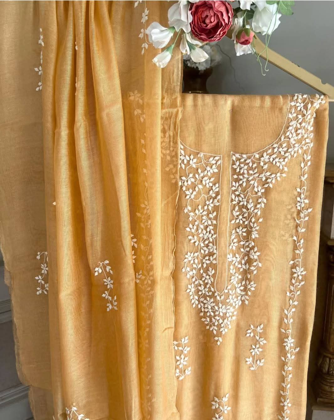 Mustard Yellow Handcrafted Applik Premium Imperial Cotton 3-Piece Unstitched Suit Unstitched Aura Crafted Studio 