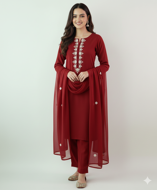 Handcrafted Mirror Embroidered Unstitched Imperial Cotton shirt with chiffon Dupatta 2-Piece (Shirt/Dupatta).