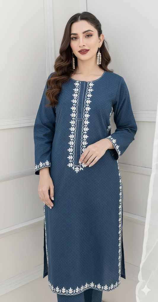 Handmade Wearable Art embroidered unstitched Cotton 2-Piece (Shirt/Trouser).