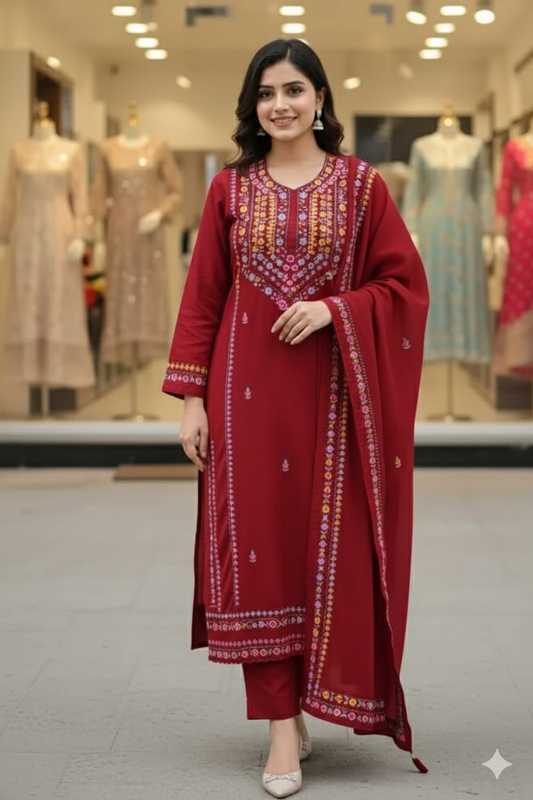 Handcrafted Embroidered Unstitched Premium Imperial Cotton 3-Piece Suit.
