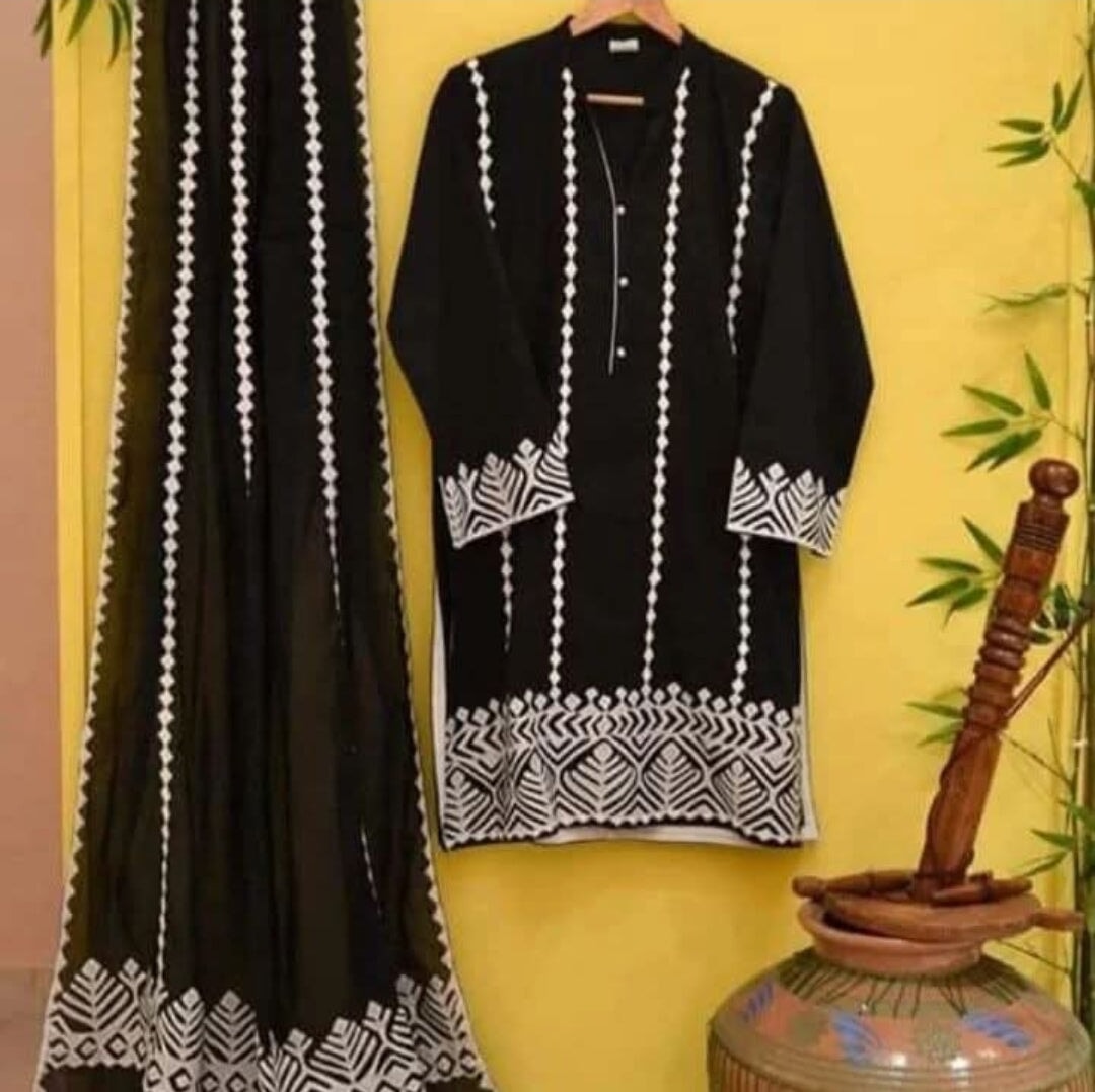 Vibrant Black Aplik 3-Piece Unstitched Suit Bareeze Lawn Cotton Unstitched Aura Crafted Studio 